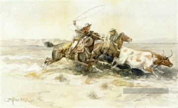 Indiens et cowboys œuvres - bronk dans un camp de vache 1898 Charles Marion Russell Indiana cow boy